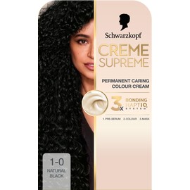 Schwarzkopf Creme Supreme 1-0 Natural Black, Permanent Hair Dye, Caring Hair Dye Colouration with 3-Step Bonding System Against Damage, 100% Grey Coverage