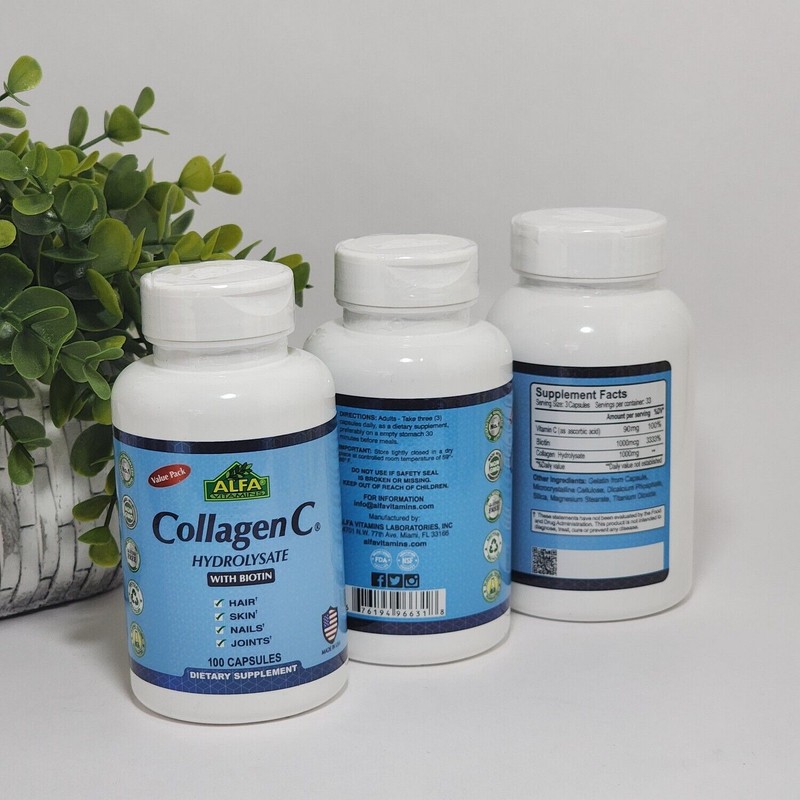 Alfa Collagen Hydrolysate Vitamin C Biotin 100 Caps Hair Skin
