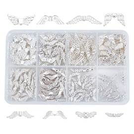 PH PandaHall Angle Wing Beads, 160pcs 8 Styles Wing Spacer Beads Bright Silver Tibetan Style 12~32mm Alloy Retro Fairy Wing Charm Beads for Jewelry Keychain Gift BagTree Hanging