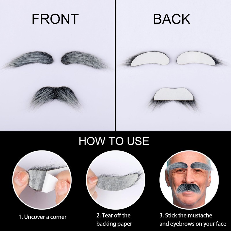 Koonfan Grey Old Man Mustache and Eyebrows Grandpa Costume Fake
