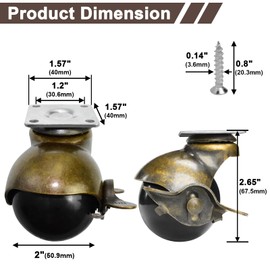 MySit 2 Inch Vintage Ball Caster Antique Brass Ball Casters Swivel Top Plate Caster Wheels for Furniture, Kitchen Cart, Coffee Table, Cabinet 4 Pack (with Brake)