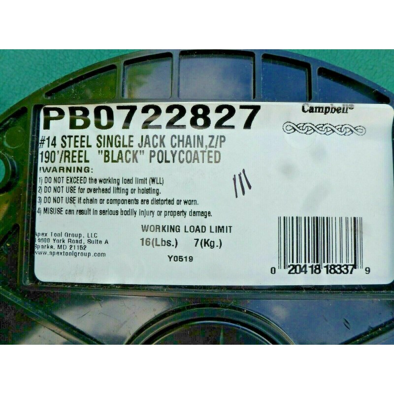 Campbell Jack Chain Single Steel Black Z/P # 14 Poly-Coated
