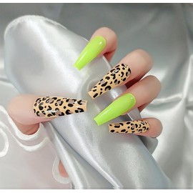 MUZOXEN Ballet Long Press on Nails, Square Acrylic Full Cover Fake Nails with leopard print Designs,Artificial False Nails Stick on Nails with Glue for Women - Light Green 24Pcs