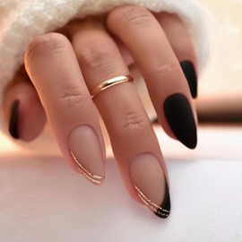 FOLONRAL Almond Press on Nails Medium Fake Nails with Gold Glitter Lines Designs French Tip Nails Press ons Matte Glue on Nails Black Brown Full Cover Artificial Stick on Nails for Women 24Pcs