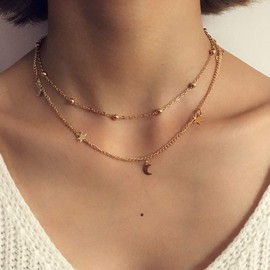 Olbye Moon Star Necklace Layered Satellite Necklace Choker Double Chain Gold Necklace for Women and Girls (2 Layer)