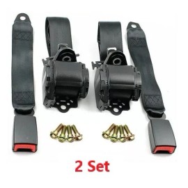 C-HORSE 2 Retractable 3 Point Safety Black Seat Belt Straps Vehicle Adjustable Belt Kit
