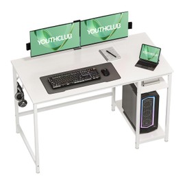 YOUTHCLUB Home Office Game Desk with Wooden Storage Rack, Minicomputer Desk and Game Table with Splice Board, 2-Story Industrial Modern Laptop Study Desk, White, 48 inches
