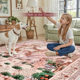 Geanlod 6x9 Area Rugs for Living Room Pink, Soft Unicorn Floral Washable Bedroom Nursey Rugs Non Slip, Thin Large Botanical Floor Carpets for Dining Room Kids Playroom Study Framhouse Decor