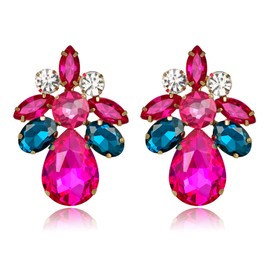 BriLove Clip-On Earrings Elegant Stunning Teardrop Crystal Rhinestone Cluster Statement Earrings for Women Party Prom Hot Pink Gold-Tone