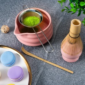 Marce Matcha Whisk Set- Matcha Set includes Matcha Whisk and Bowl with Spout, Sifter, Holder and Scoop- The Perfect Bamboo Whisk for Matcha Tea (Pink)