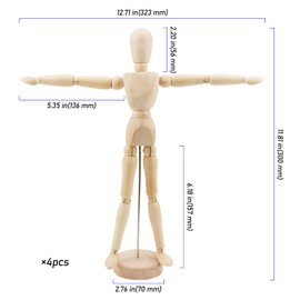 ZEONHEI 4 Pack 12 Inch Wooden Artists Model, Wooden Art Mannequin Moveable Drawing Mannequin, Posable Wooden Figure with Base, Articulated Mannequin Wooden Manikin for Drawing, Painting, Home Decor