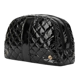 lemonbella Medium Jennifer Cosmetic Bag Nylon Quilted Travel Makeup Pouch - Shiny & Stylish Toiletry Organizer for Women, ONYX