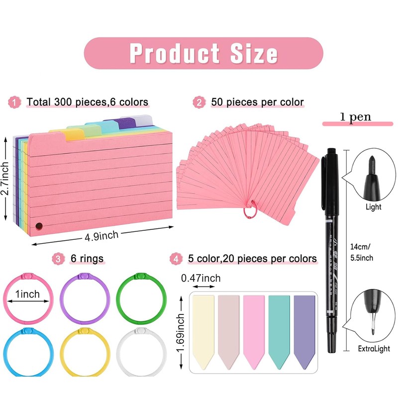 Pack of 300 Lined Index Cards, Flash Cards, Vocabulary Cards,