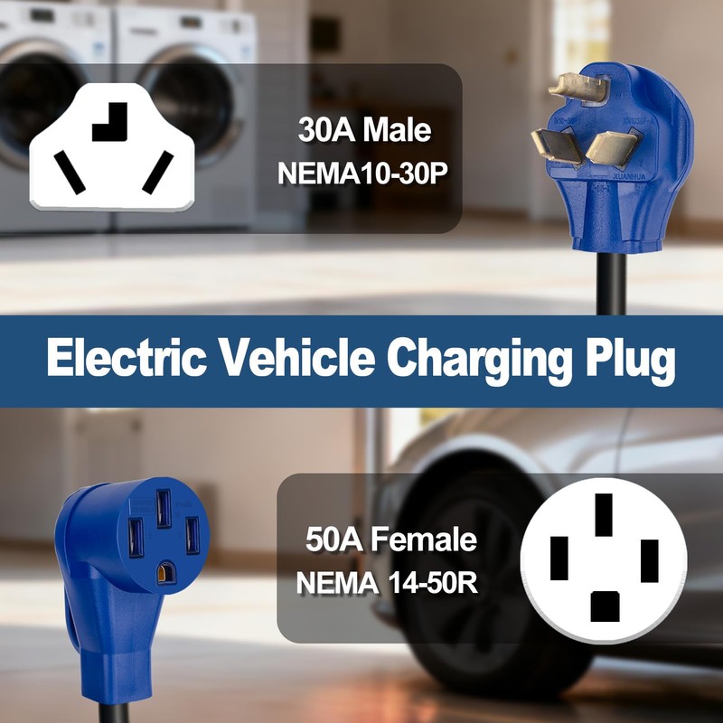 NEMA 10-30P to 14-50R EV Charger Adapter Cord, 30A Dryer