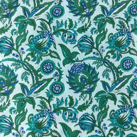 AVKA Studio - Tela estampada a mano por The Yard – PRECUT 1 yarda 42 pulgadas de ancho, material 100% algodón, patrón floral verde azulado y azul, tela india ligera para hacer proyectos de tops de