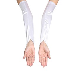 SUNTRADE Women's Lace Satin Bridal Party Fingerless Gloves Sequins Elegant Long Arm Sleeves (White, Large)