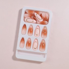 French Tip Press on Nails 3D Fake Nails Medium Almond False Nails Gold Design Glossy Glue on Nails Artificial Acrylic Nail Full Cover Pink Brown Stick on Nails for Women Girls Manicure 24PCS