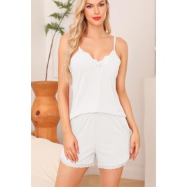 Sopesil Women's Short Pyjamas Cami Sets Ladies Sexy PJ Sleeveless Sets V Neck Decoration Lace Tops Shorts Summer Sleepwear Nightwear, White, L