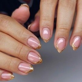 BUNLVDI Gold Press on Nails Short Almond Nail Tips Nude Gloss French Tip False Nails Reusable Pink Acrylic Nails Full Cover Artificial Stick on Nails for Women Manicure Supplies 24Pcs