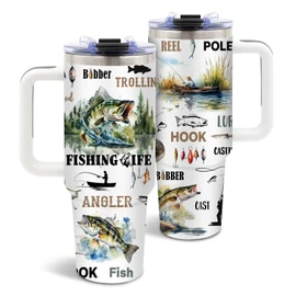 DUUV Fishing Gifts for Men, Fish Tumbler for Fisherman, Birthday Gifts for Men Dad Boys Who Love Fishing, Fisherman Gift for Christmas Thanksgiving, 40 Oz Tumbler with Handle, 1PCS