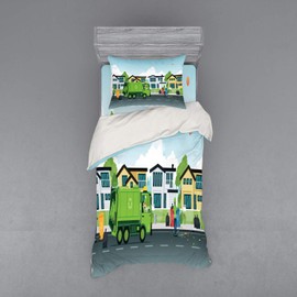 Ambesonne Garbage Truck Bedding Set, Truck on The Road with Houses on The Background Men Picking The Trash, 3 Piece Duvet Cover Set with Sham and Fitted Sheet, Twin Size, Fern Green Blue