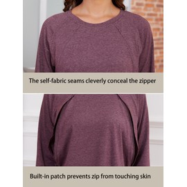 Ecavus Women's Nursing Shirts for Breastfeeding with Zipper Long Sleeve Defined Seams Comfortable Breastfeeding Shirts Heather Wine