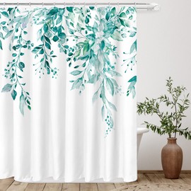 Tititex Teal Eucalyptus Shower Curtain Sets, Watercolor Turquoise Leaves on The Top Plant with Floral Bathroom Decoration 72x84 Inch with Hooks