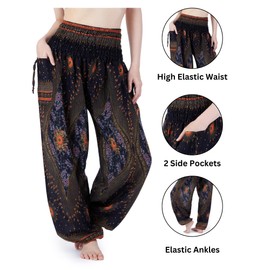 Lannaclothesdesign Women's Smocked Waist Boho Flowy Yoga Harem Pants Hippie Clothes (L, Black)