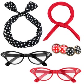 Aneco 6 Pack 50s Set Chiffon Scarf Cat Eye Glasses Bandana Tie Headband Earrings (Black and Red)