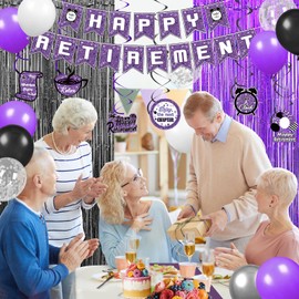 55PCS Purple Black Retirement Decorations for Women Men Purple Black Happy Retirement Banner Balloons Swirls Tablecover Tablerunner and Fringe Curtain for Retirement Party Decoration Supplies