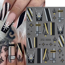 8 Sheets Snowflake Nail Stickers for Nail Art, French Tip Nail Decals 3D Self-Adhesive Black White Snowflake French Nail Art Stickers Xmas Holiday Nail Charms for Women and Girls Nail Decoration