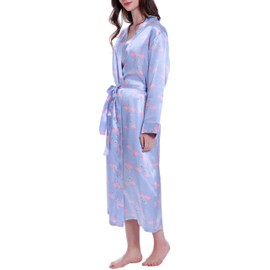 Lavenderi Women's Long Classic Satin Kimono Lounge Bathrobe Robe (Large, Flamingos Print)