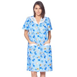 Casual Nights Womens Snap Front House Dress Short Sleeve Woven Housecoat Duster Lounger Robe, Floral Blue, XX-Large