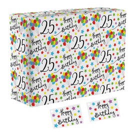 Hunts England - 2 Sheets Of 25th Birthday Fun Wrapping Paper - Includes 2 Gift Tags - Age 25 Folded Gift Wrap For Him/Her - Iconic Collection - Colourful Age Twenty Five Gift Wrap