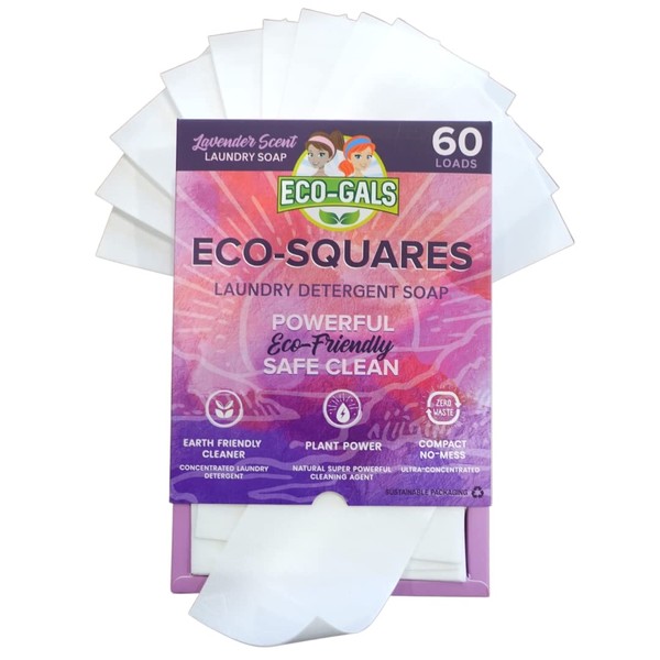 Eco-Gals Eco-Squares laundry detergent sheets gentle formula with zero waste dry soap technology for cleaning linen and clothes in regular and high efficiency top and front load washing machines (Lavender)