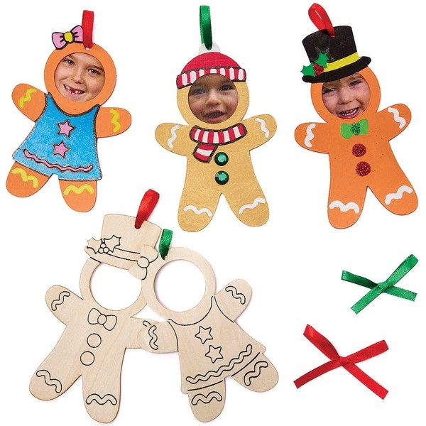 Baker Ross FX298 Gingerbread Man Colour in Wooden Photo Frames - Pack of 10, Christmas Decoration Crafts for Kids, Wood Craft Kit, Green,Red