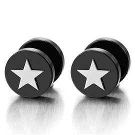 Black Steel Mens Women Pentagram Star Stud Earrings, Cheater Fake Ear Plugs Gauges, 2 pcs(CA)