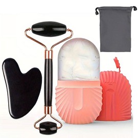 Rodillo de hielo y gua sha facial, kit de masaje para rostro, herramientas de masaje manual reutilizables, exquisita caja de regalo，adecuado para el cuidado de la piel facial (pink)