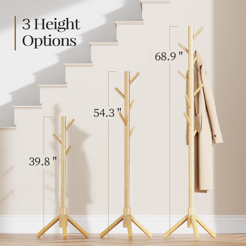 Pipishell Coat Rack Sturdy Wooden Coat Rack Stand, Adjustable Coat