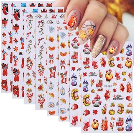 8Sheet Maple Leaf Nail Art Stickers 3D Self-Adhesive Yellow Leaf Flower Squirrel Nail Sticker Autumn Thanksgiving Nail Decals Cute Fox Hedgehog Mushroom Rabbit Nail Supplies for Women Manicure Decor