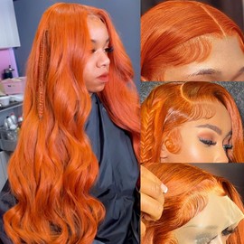 Ginger Human Hair Lace Front Wigs Colored 13x4 Body Wave Ginger Orange Lace Front Wigs Human Hair Pre Plucked Ginger Lace Front Wigs Human Hair HD Lace Frontal Wigs Human Hair 200% Density 32 Inch