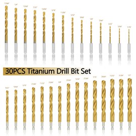 GMTOOLS 30 Pcs Titanium Impact Drill Bit Set, Hex Shank HSS Twist Drill Bits with Storage Case for Steel, Copper, Aluminum, Zinc Alloy, Wood and Plastics, Quick Change Design, 1/16"-1/2"