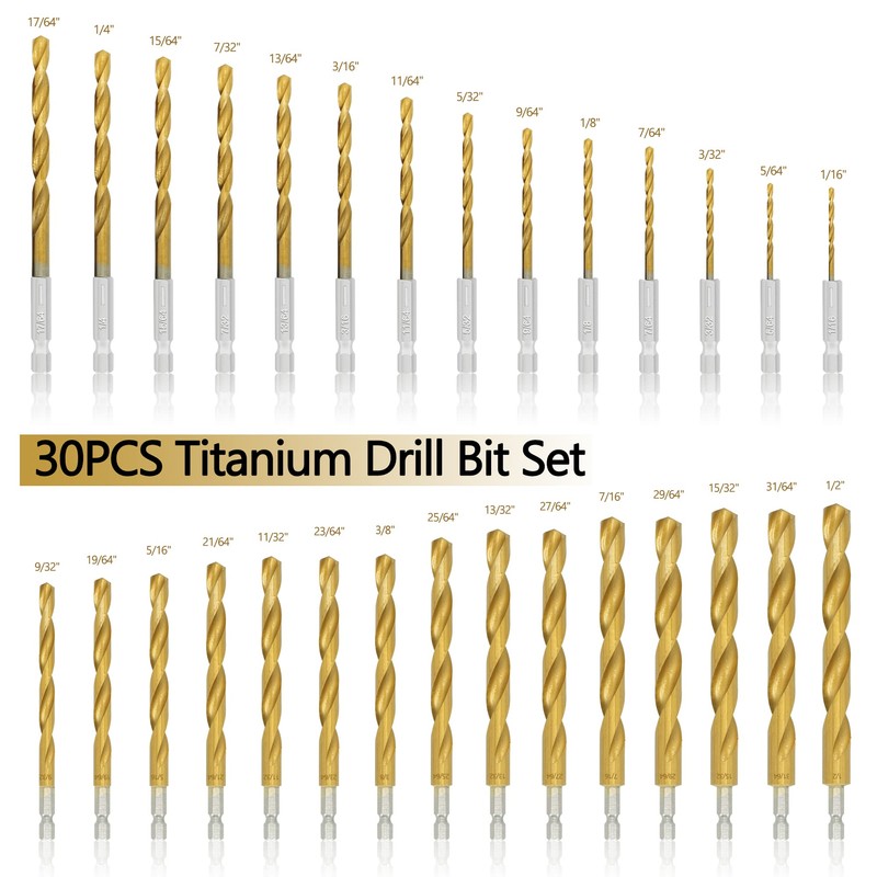 GMTOOLS 30 Pcs Titanium Impact Drill Bit Set, Hex Shank