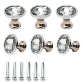 MroMax 6Pcs 30mm Bling Faux Crystal Dresser Door Pull Handle Round Plastic Diamond Knob Bright Chrome