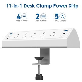 Desk Clamp Power Strip USB C,Under Desk Mount Power Station,20W Fast Charging,Fits 1.9'' Tabletop Edge,Desk Surge Protector,Perfect Home,Office Supplies (White, 5 Outlets & 6 USB Ports & 25 FT Cable)