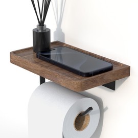 IURRDOP Toilet Paper Holder with Black Walnut Wood Shelf, Wall Mounted & Adhesive Mounted Wooden Shelf for Hanging Roll Tissue, Place Phone, Aromatherapy for Bathroom, Washroom