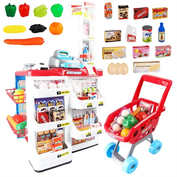 DQQ 32 Piece Cash Supermarket Playset with Working Scanner Register Shopping Cart Play Money Pretend Play Set Toys Accessories for Kids