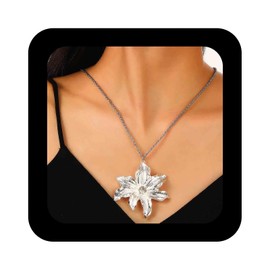 Enautoabs Large Metal Flower Necklace Exaggerated Flower Pendant Necklace Silver Crystal Flower Statement Necklace Big Floral Shape Necklace Jewelry for Women