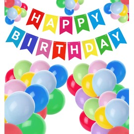 102PCS Pastel Happy Birthday Banner & Party Balloons Kit - Birthday Decorations with Rainbow Latex Balloons- Durable Party Supplies Kit for Girls Teens Women Kids