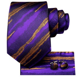 Dubulle Mens Floral Silk Tie for Men Gold Purple Striped Necktie and Pocket Square Cufflinks Set Wedding Business